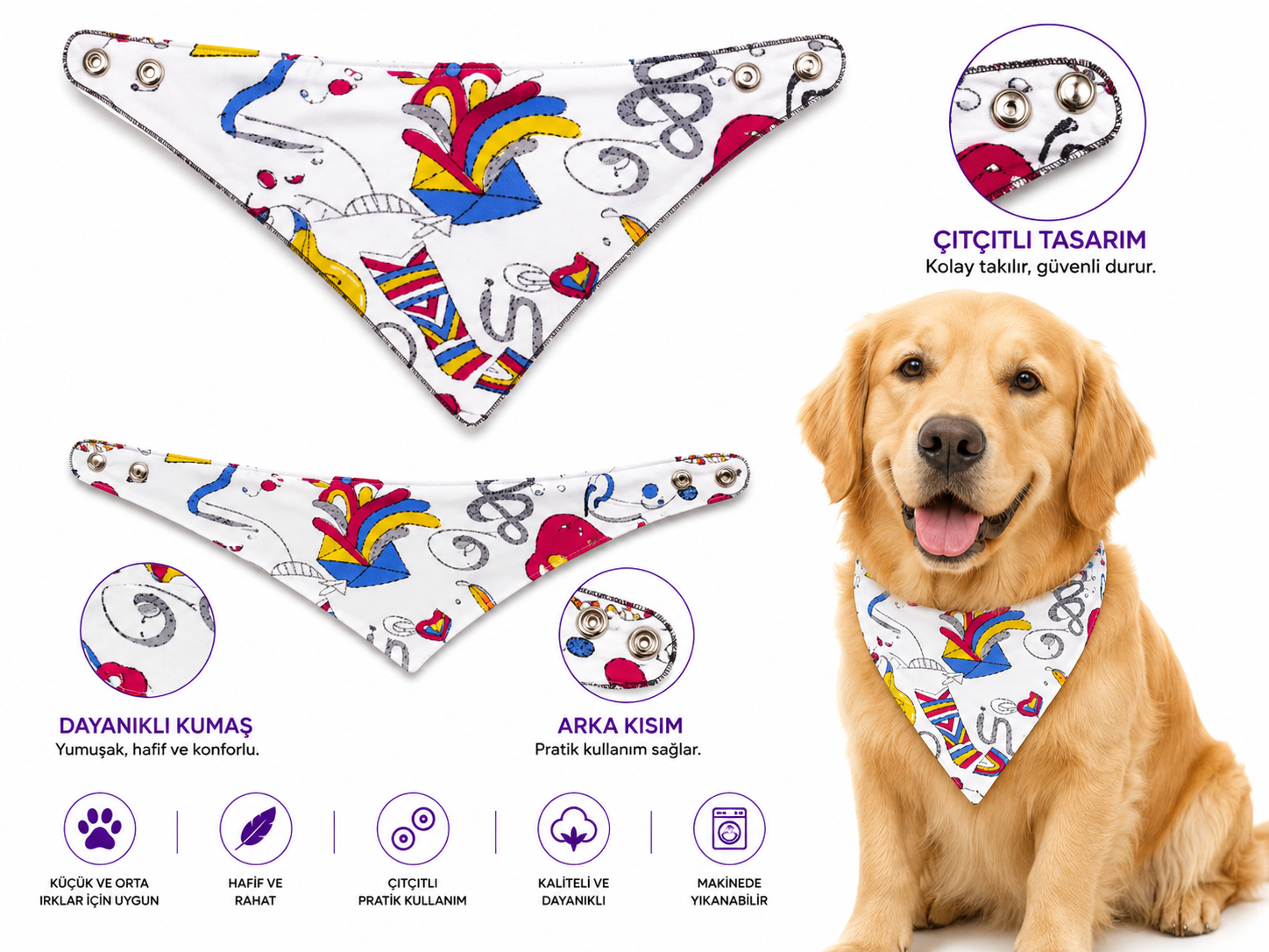 Köpek ve Kedi Fuları Çıtçıtlı Renkli Soyut Desenli Bandana - Beyaz