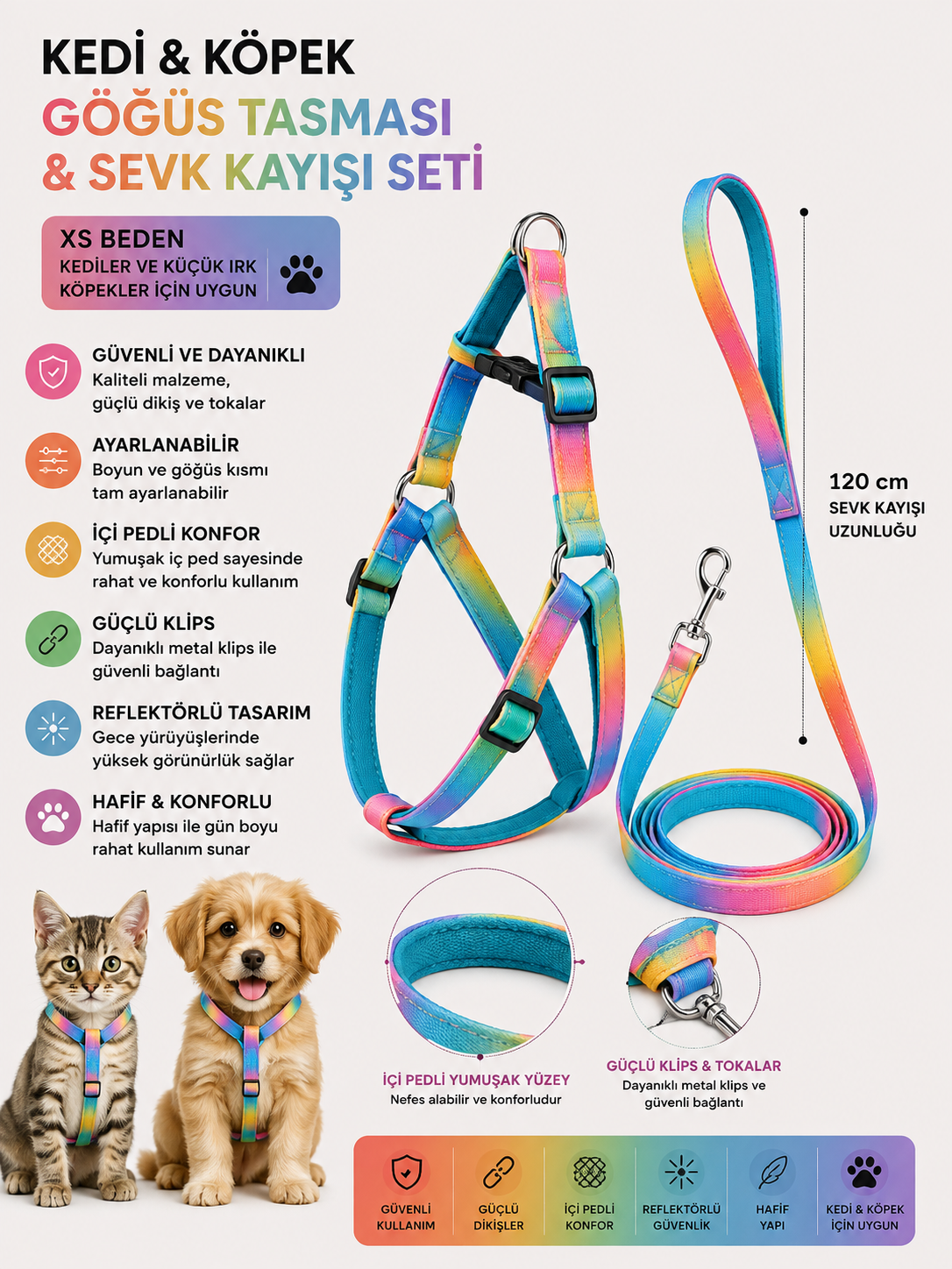 İçi Pedli Reflektörlü Kedi ve Köpek Göğüs Tasması Sevk Kayışı Seti XS Beden 120 cm - Turkuaz Gökkuşağı