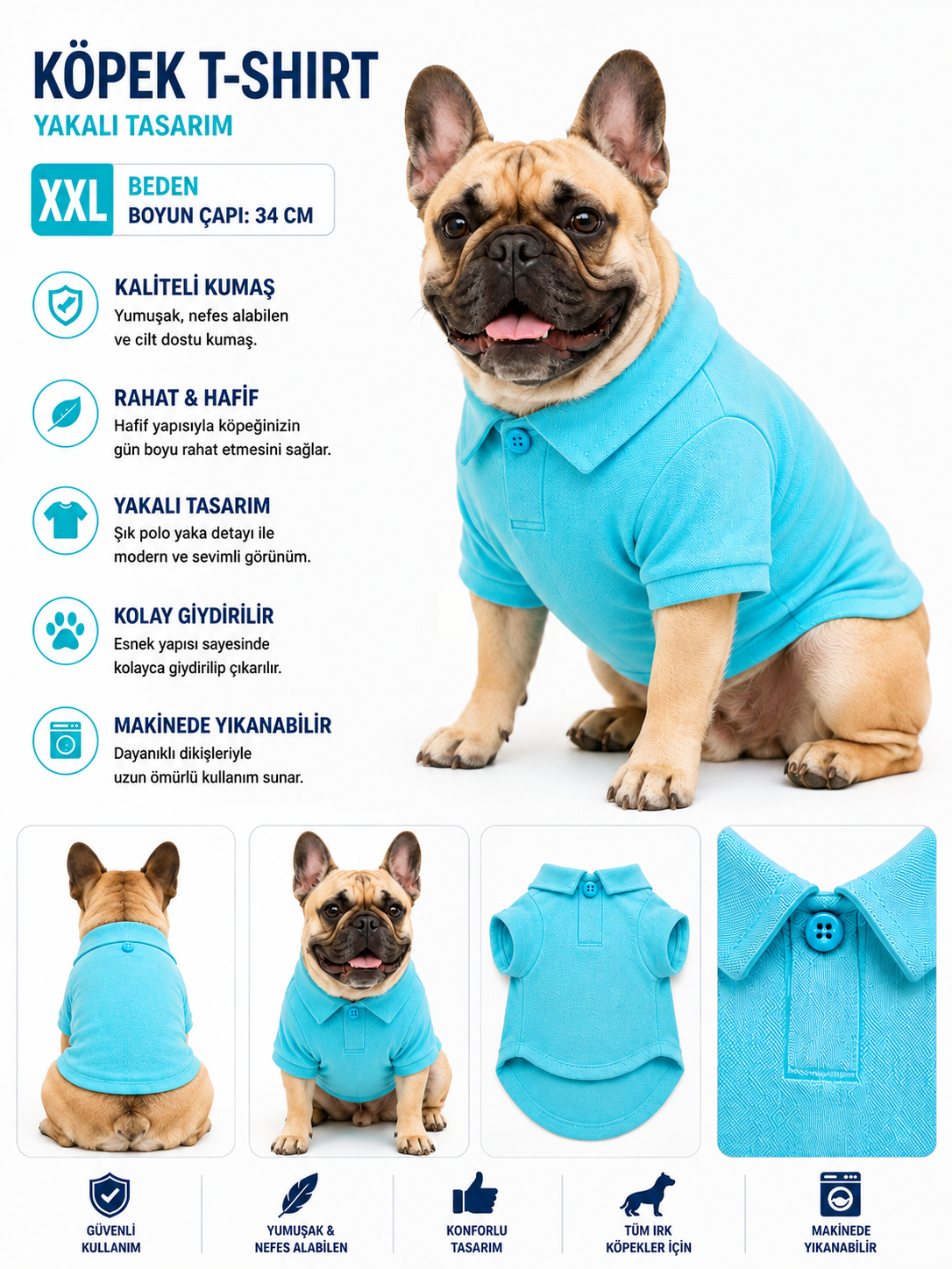 Köpek Polo Yaka Tişört XXL Beden Boyun Çapı 34 cm Nefes Alabilen Kumaş - Mavi