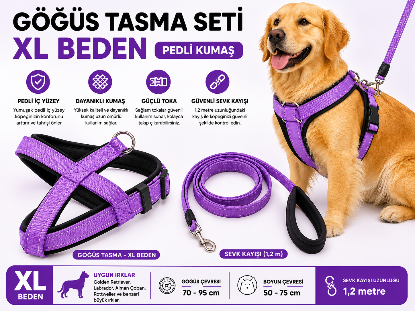 Köpek Göğüs Tasması ve Sevk Kayışı Seti XL Beden İçi Pedli Büyük Irk 1,2 Metre Kayış - Mor