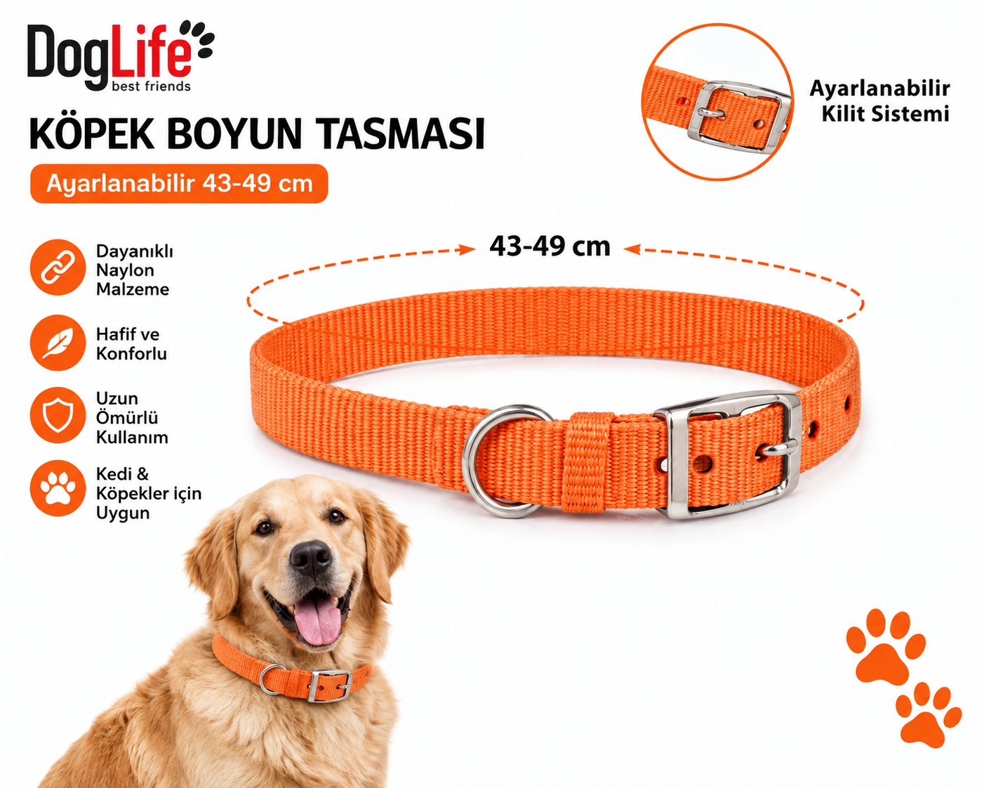 Köpek Boyun Tasması 43-49 cm Ayarlanabilir Naylon Metal Tokalı - Turuncu