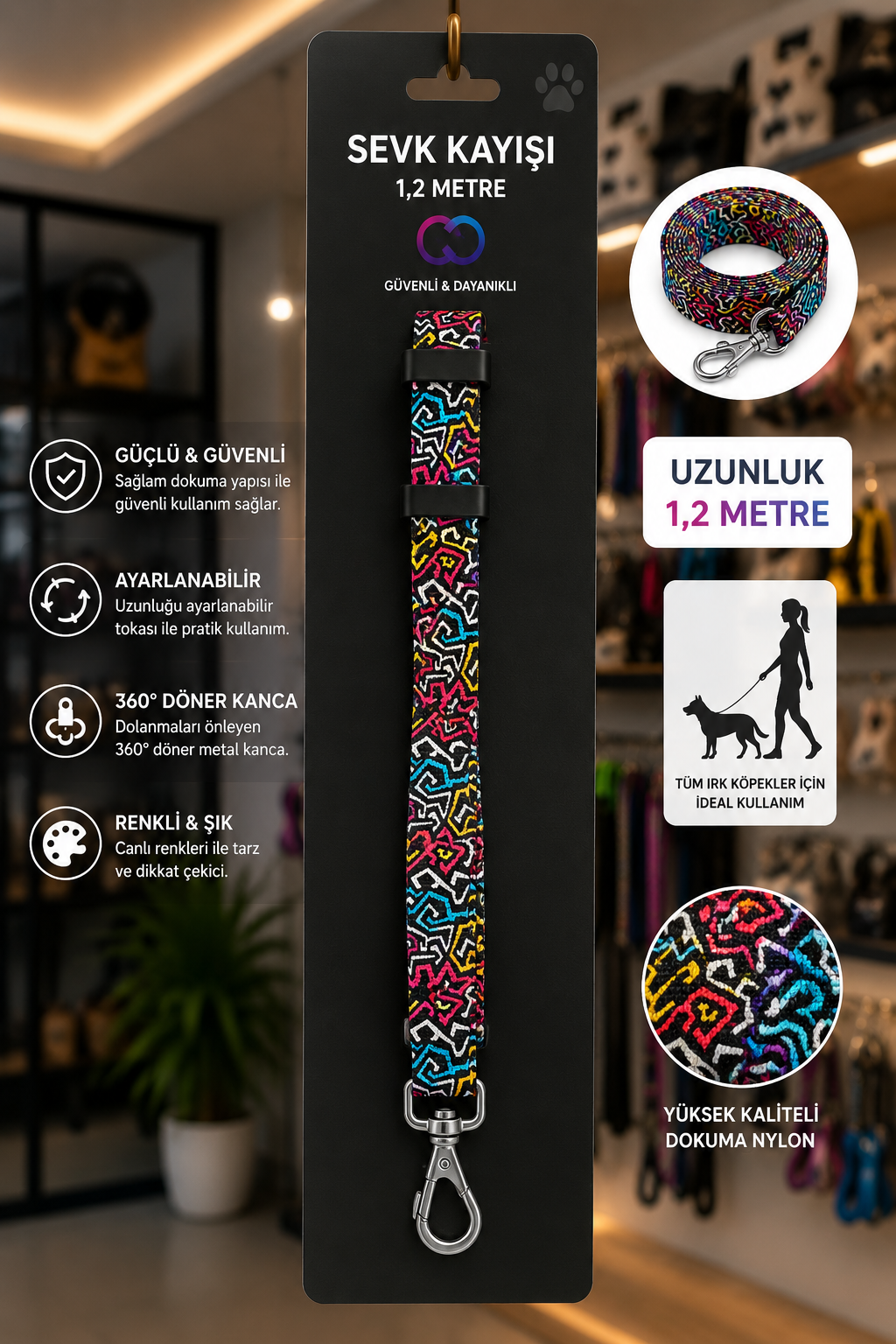 Köpek Sevk Kayışı 1,2 Metre Ayarlanabilir 360 Derece Döner Metal Kancalı - Geometrik Desenli