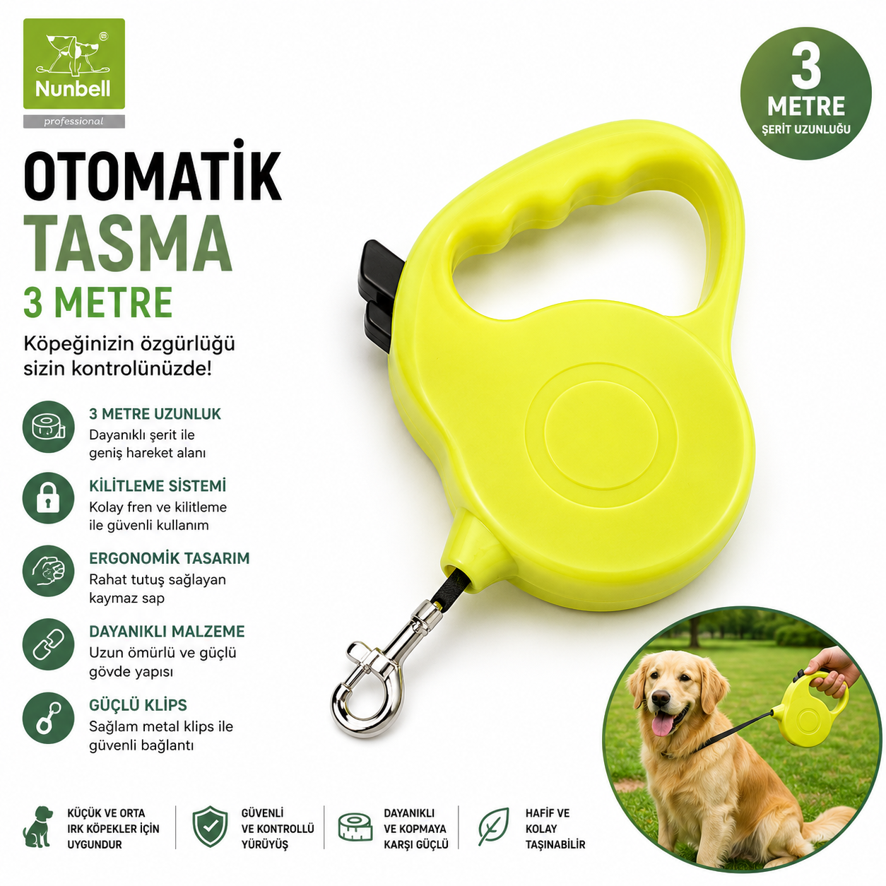 Nunbell Otomatik Köpek Gezdirme Tasması 3 Metre Kilitli Şeritli - Neon Sarı