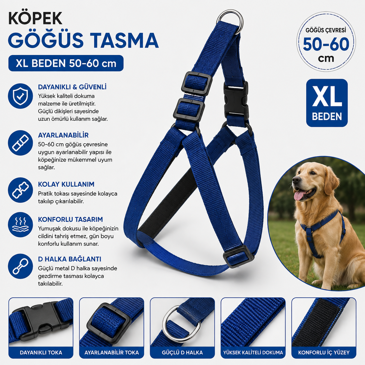 Köpek Göğüs Tasması XL Beden 50-60 cm Göğüs Çevresi Ayarlanabilir Dokuma Kumaş - Lacivert