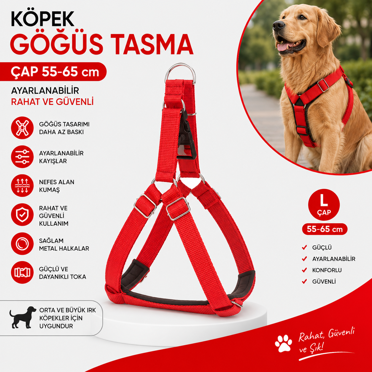 Köpek Göğüs Tasması L Beden 55-65 cm Ayarlanabilir Pedli Metal Halkalı - Kırmızı