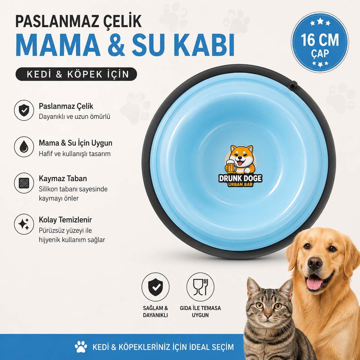 Paslanmaz Çelik Kedi Köpek Mama ve Su Kabı 16 cm Kaymaz Tabanlı - Mavi