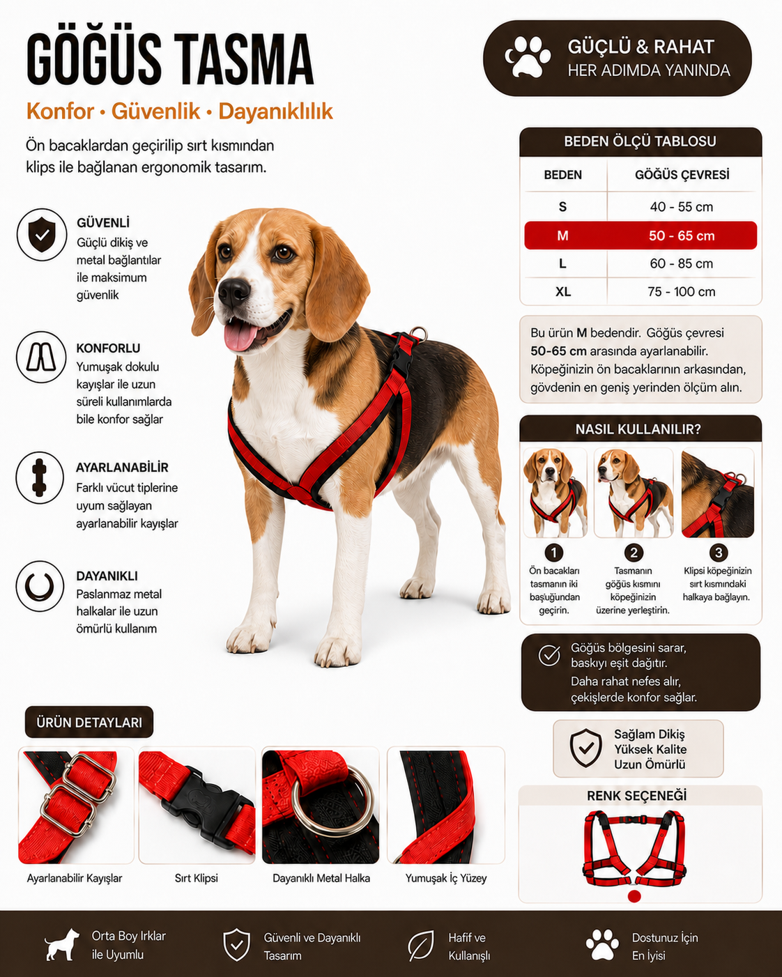 Köpek Göğüs Tasması Ayarlanabilir Yastıklı Dokuma Kırmızı - M Beden (50-65 cm)