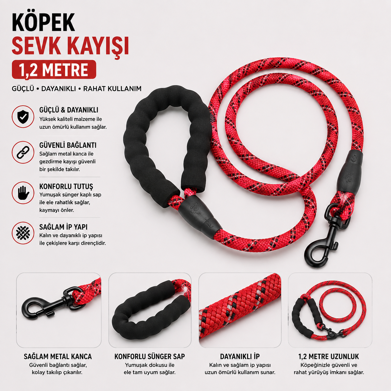 Köpek Sevk Kayışı 1,2 Metre Kalın Örgü İp Sünger Saplı Reflektörlü - Kırmızı