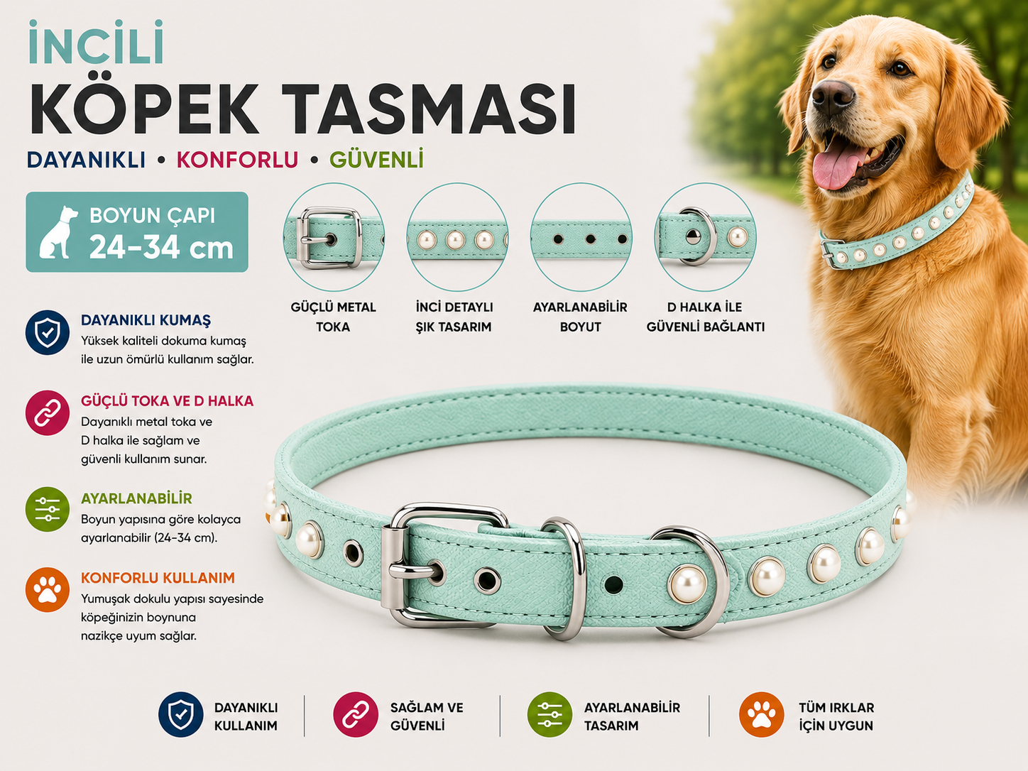 İncili Köpek Boyun Tasması 24-34 cm Küçük Irk Ayarlanabilir Metal Tokalı D Halkalı - Mint Yeşili