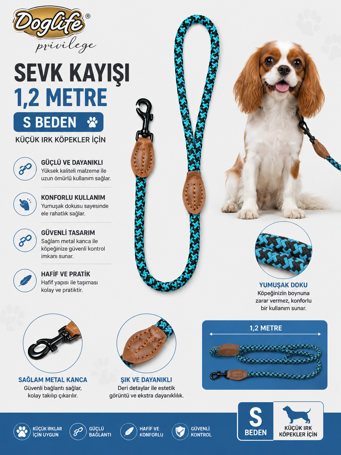 Dog Life Privilege Köpek Sevk Kayışı 1,2 Metre S Beden Örgü Halat Deri Detaylı