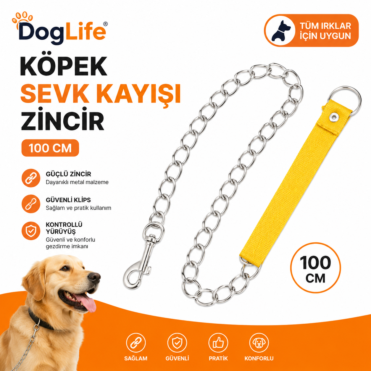 Dog Life Köpek Sevk Kayışı Zincir 100 cm Metal Zincirli Dokuma Saplı Güvenli Klipsli - Sarı