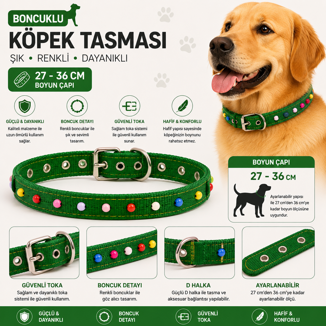 Boncuklu Köpek Boyun Tasması 27-36 cm Ayarlanabilir Metal Tokalı D Halkalı - Yeşil