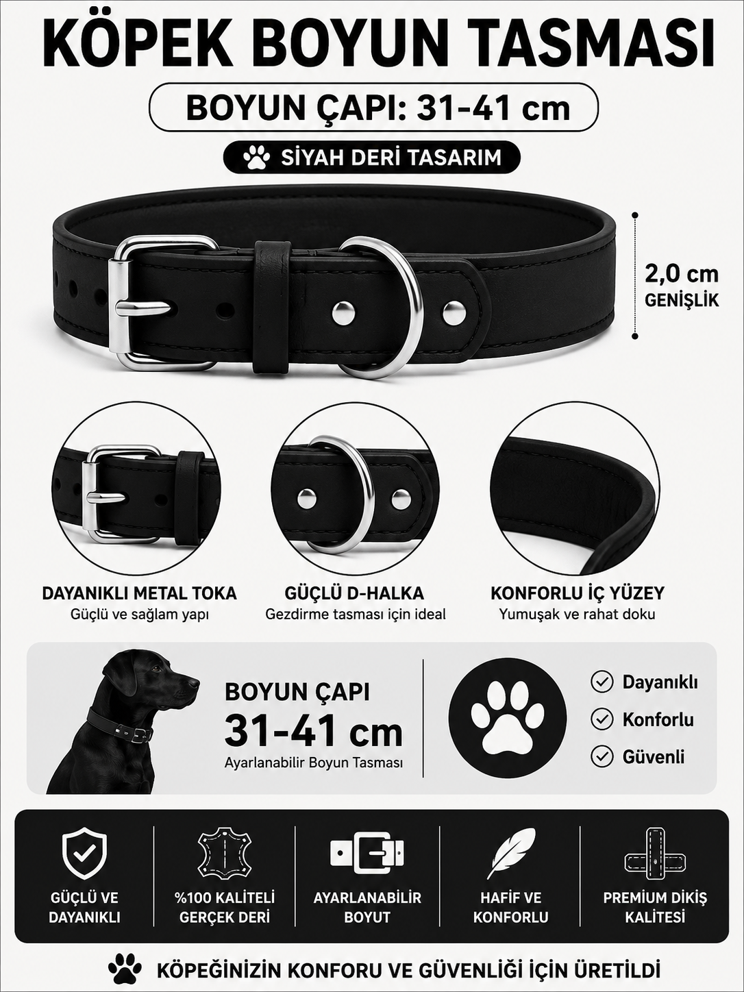 Deri Köpek Boyun Tasması 31-41 cm 2 cm Metal Tokalı D Halkalı Ayarlanabilir - Siyah