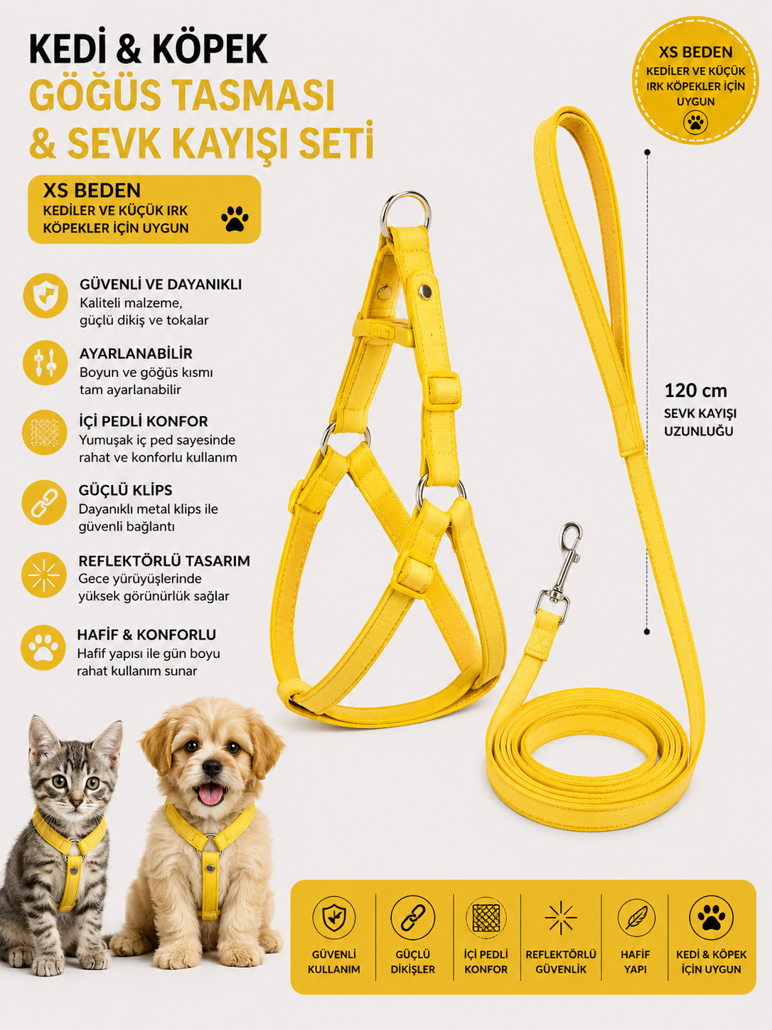 İçi Pedli Reflektörlü Kedi ve Köpek Göğüs Tasması Sevk Kayışı Seti XS Beden 120 cm - Sarı