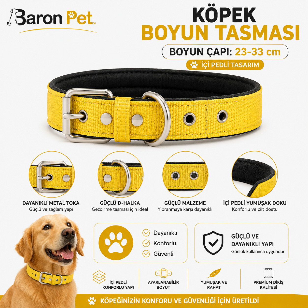 Pedli Köpek Boyun Tasması 23-33 cm 2 cm İçi Pedli Metal Tokalı D Halkalı - Sarı