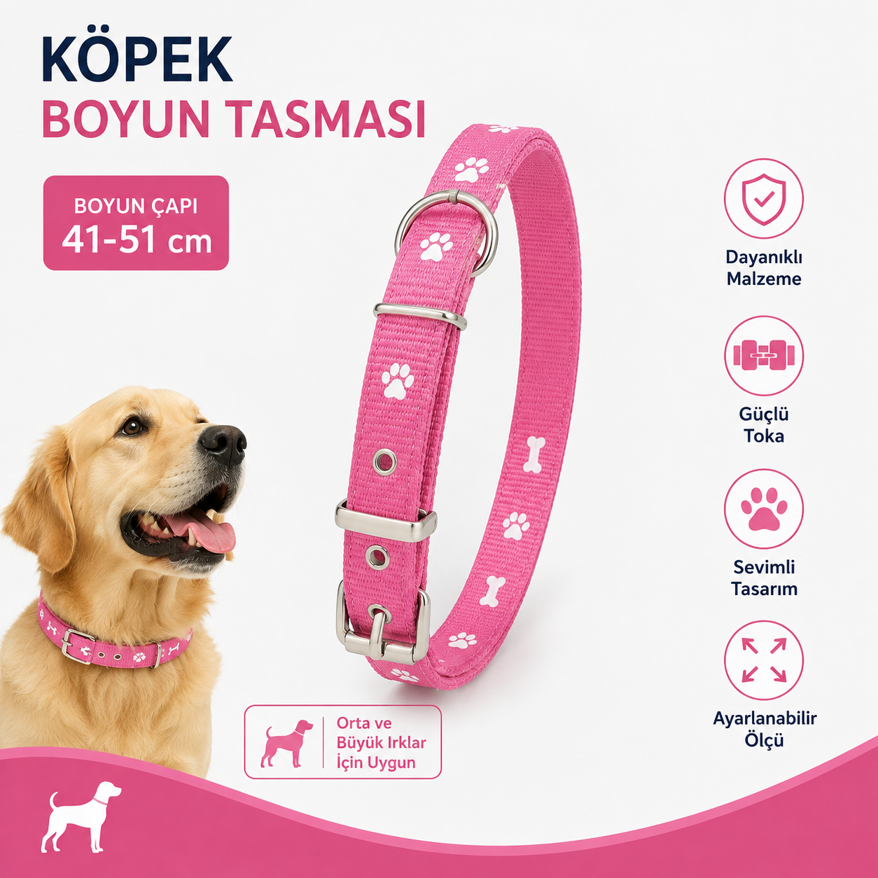 Pati ve Kemik Desenli Köpek Boyun Tasması 41-51 cm Ayarlanabilir Metal Tokalı D Halkalı - Pembe