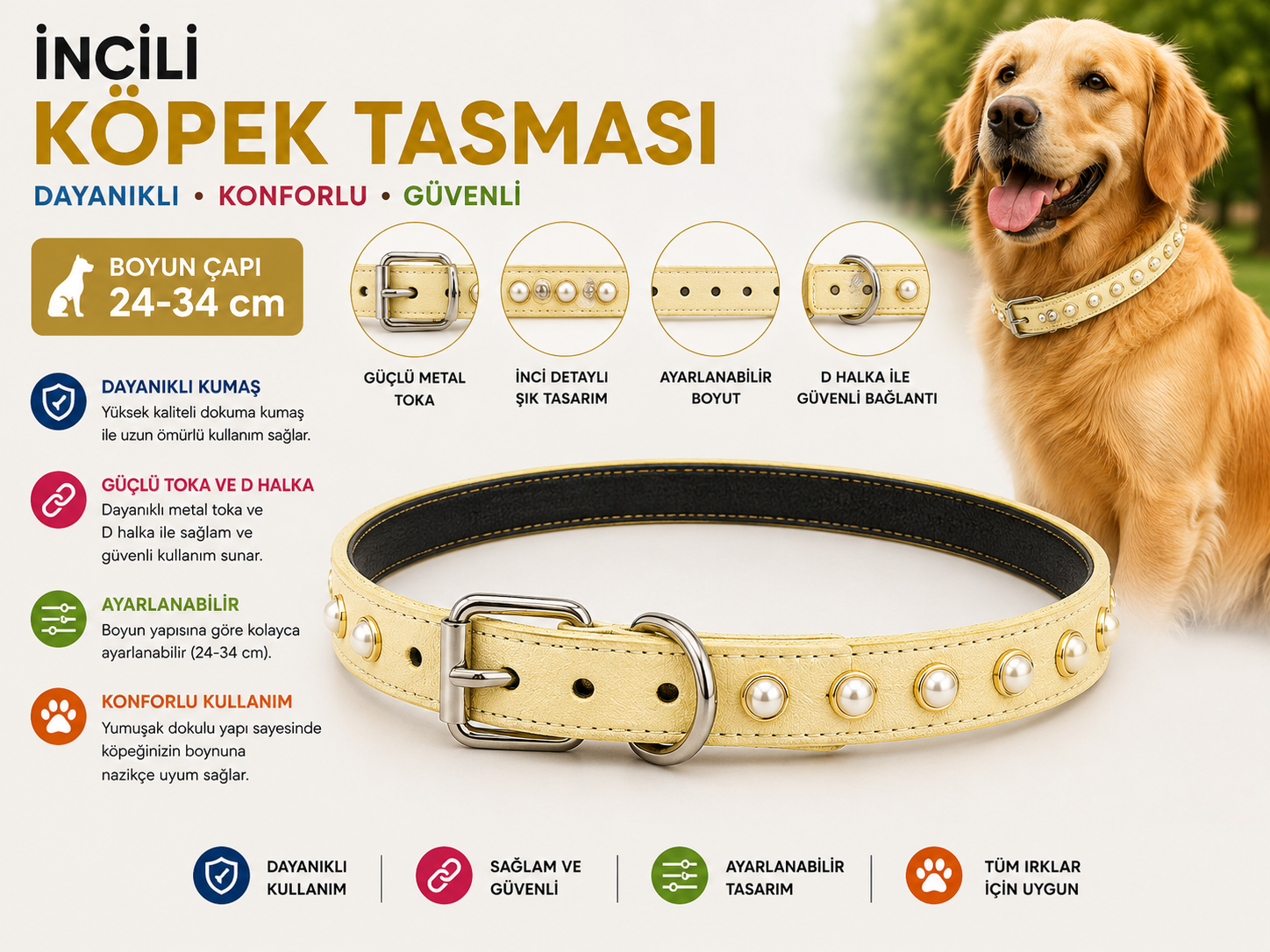 İncili Köpek Boyun Tasması 24-34 cm Küçük Irk Ayarlanabilir Metal Tokalı D Halkalı - Krem