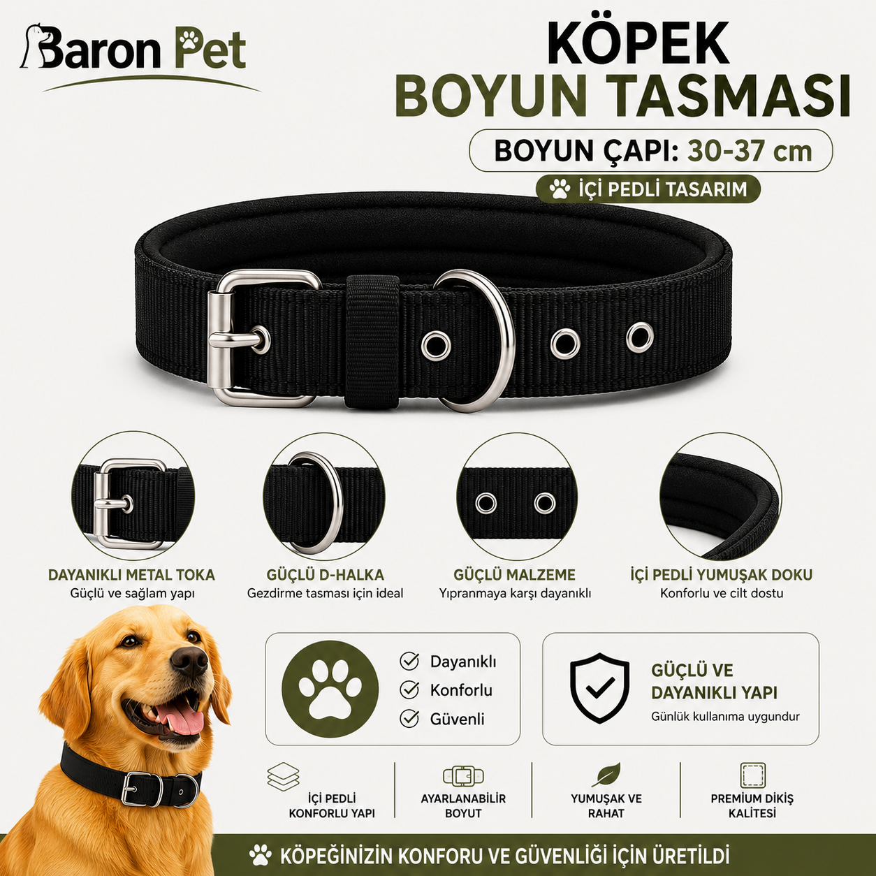 Pedli Köpek Boyun Tasması 30-37 cm 2 cm İçi Pedli Metal Tokalı D Halkalı - Siyah