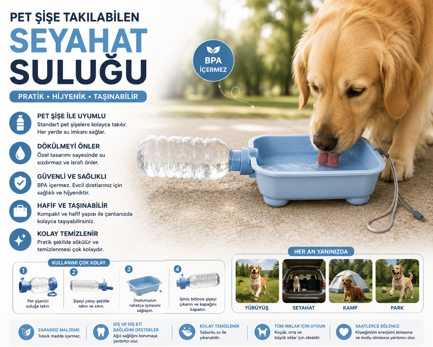 Baron Pet Köpek Seyahat Suluğu Pet Şişe Takılabilir Portatif Su Kabı