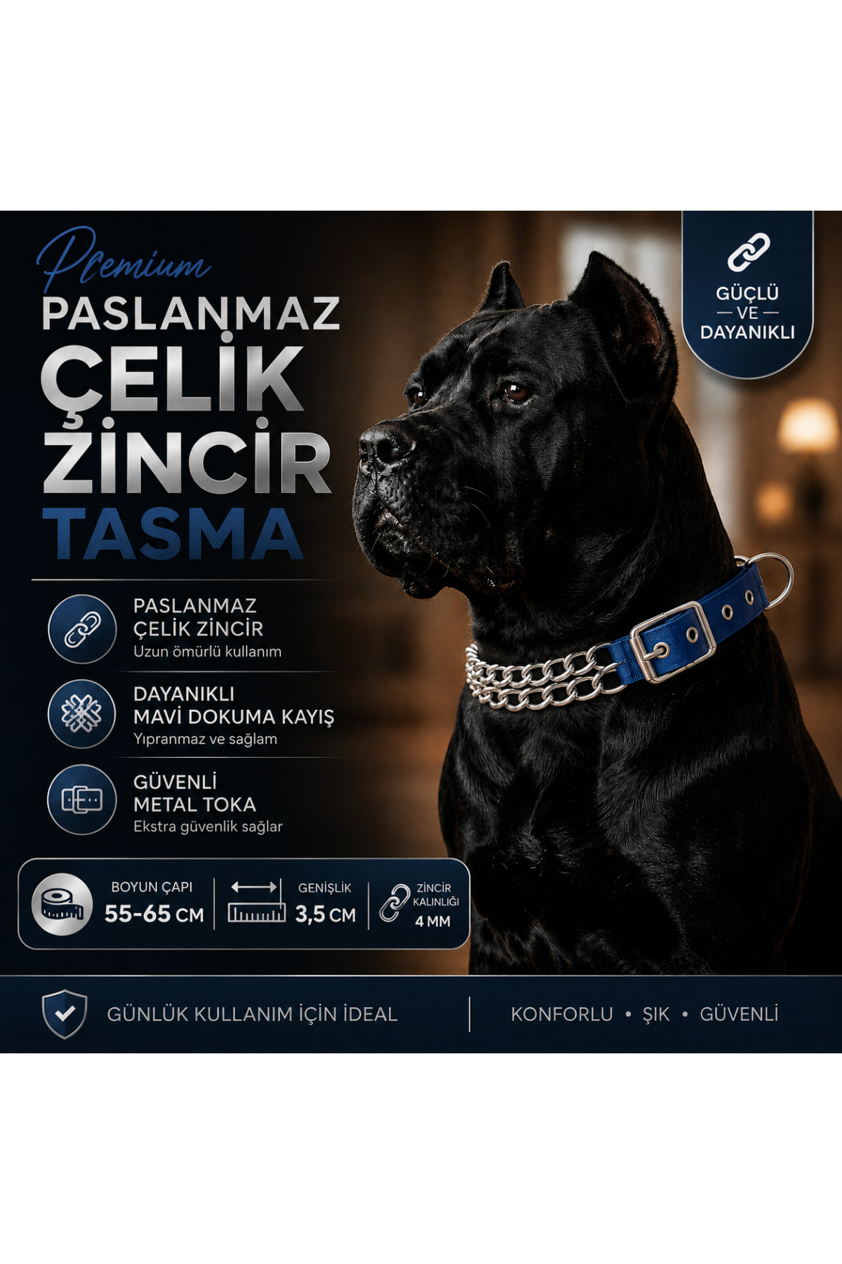 Köpek Zincir Boyun Tasması Paslanmaz Çelik Mavi Dokuma Kayış 55-65 cm 3,5 cm Genişlik 4 mm Zincir