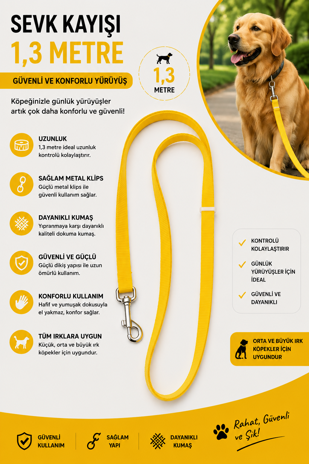 Köpek Sevk Kayışı 1,3 Metre Dokuma Metal Klipsli Dayanıklı - Sarı
