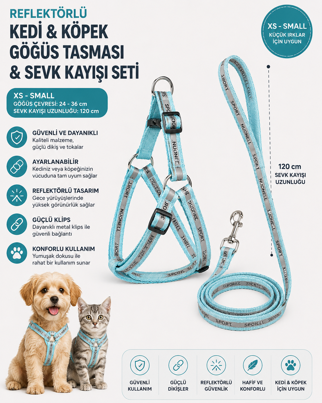 Reflektörlü Kedi ve Köpek Göğüs Tasması Sevk Kayışı Seti XS-S 24-36 cm 120 cm Kayış - Mavi