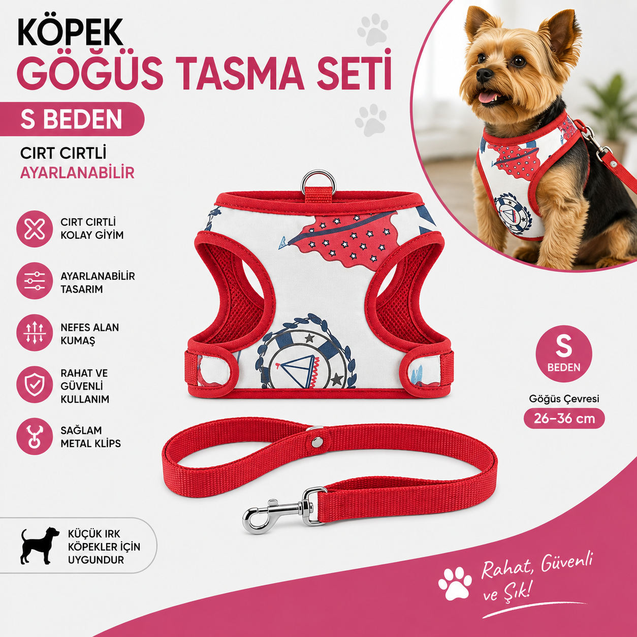 Köpek Göğüs Tasması ve Sevk Kayışı Seti S Beden 26-36 cm Cırt Cırtlı Denizci Desenli