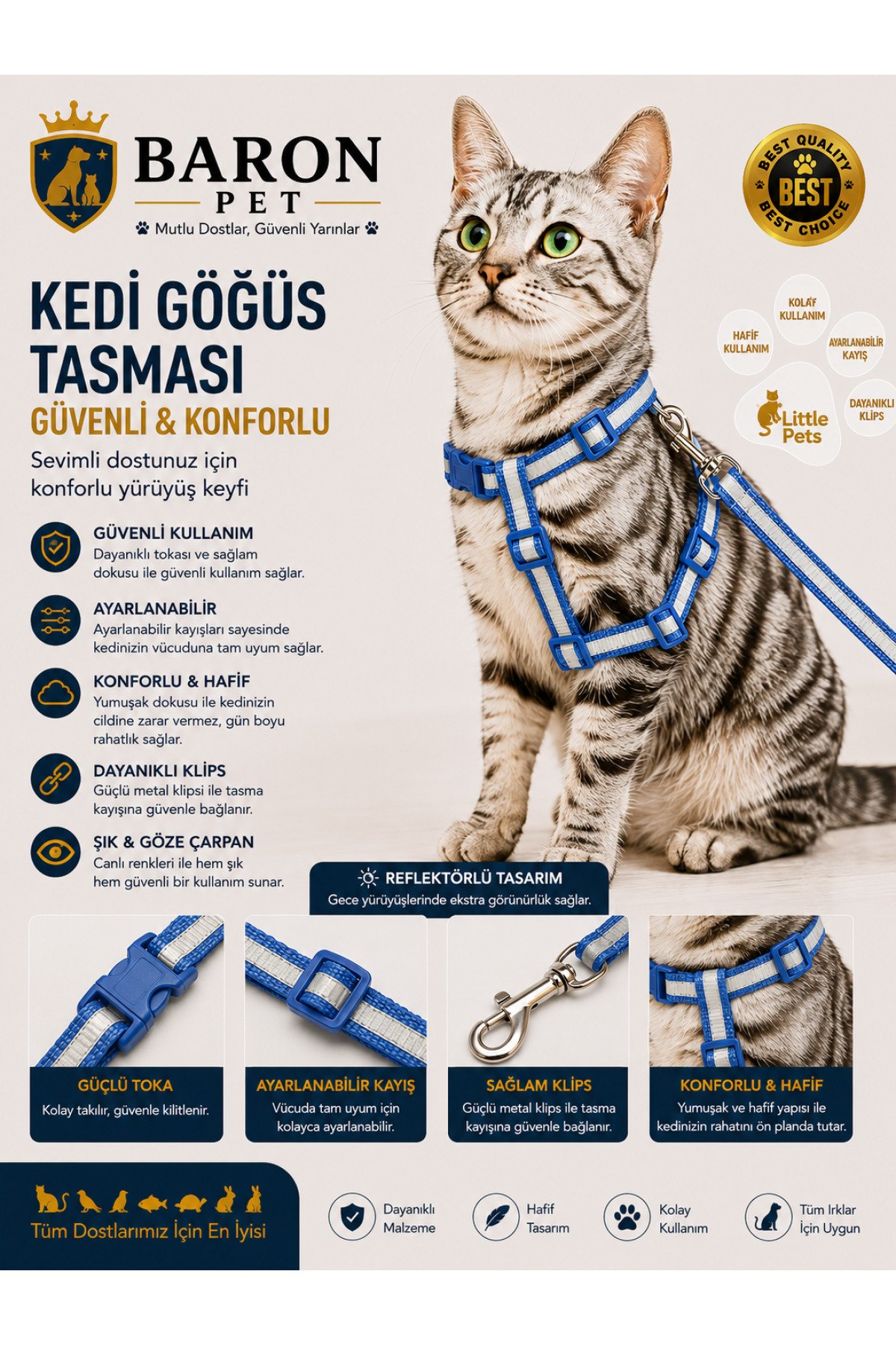 Kedi Göğüs Tasması ve Gezdirme Kayışı Seti Saks Mavisi Reflektörlü Ayarlanabilir