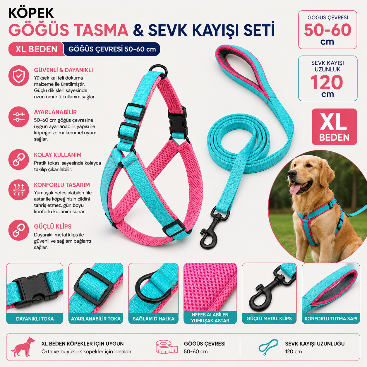 Köpek Göğüs Tasması ve Sevk Kayışı Seti XL Beden 50-60 cm File Astarlı 120 cm Kayış - Turkuaz Pembe