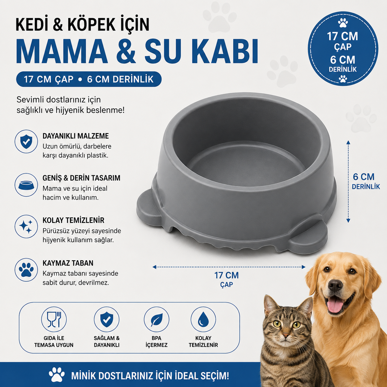 Kedi Köpek Mama ve Su Kabı 17 cm Çap 6 cm Derinlik Kaymaz Tabanlı - Gri