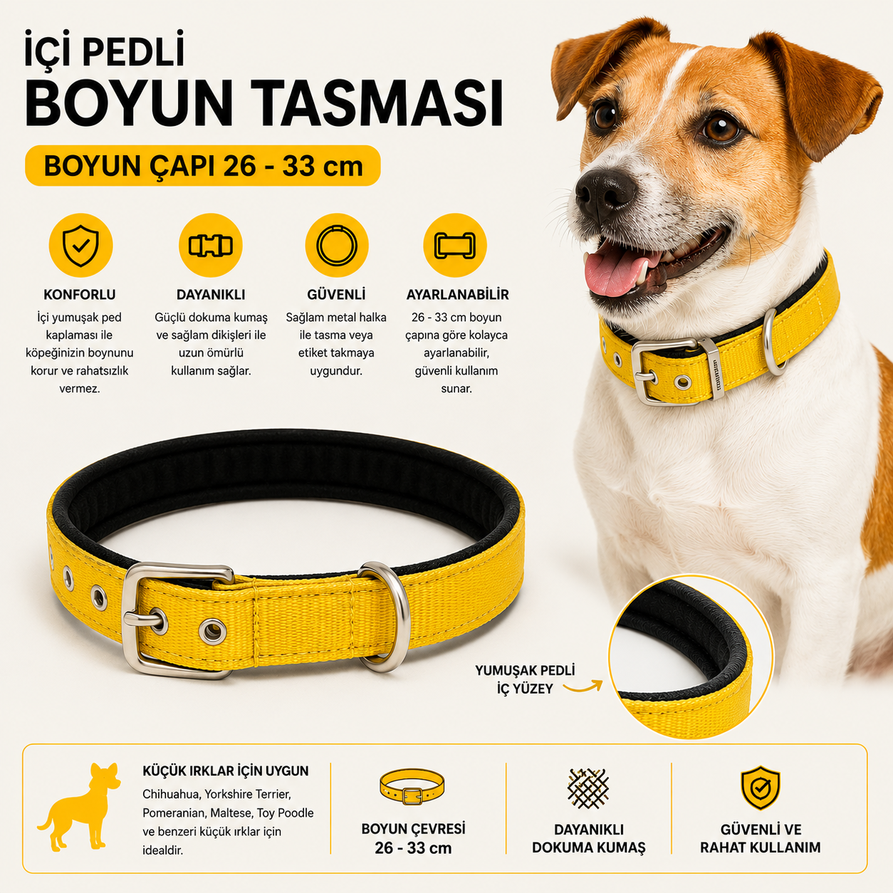 Köpek Boyun Tasması İçi Pedli 26-33 cm Küçük Irk Dokuma Kumaş Metal Tokalı - Sarı