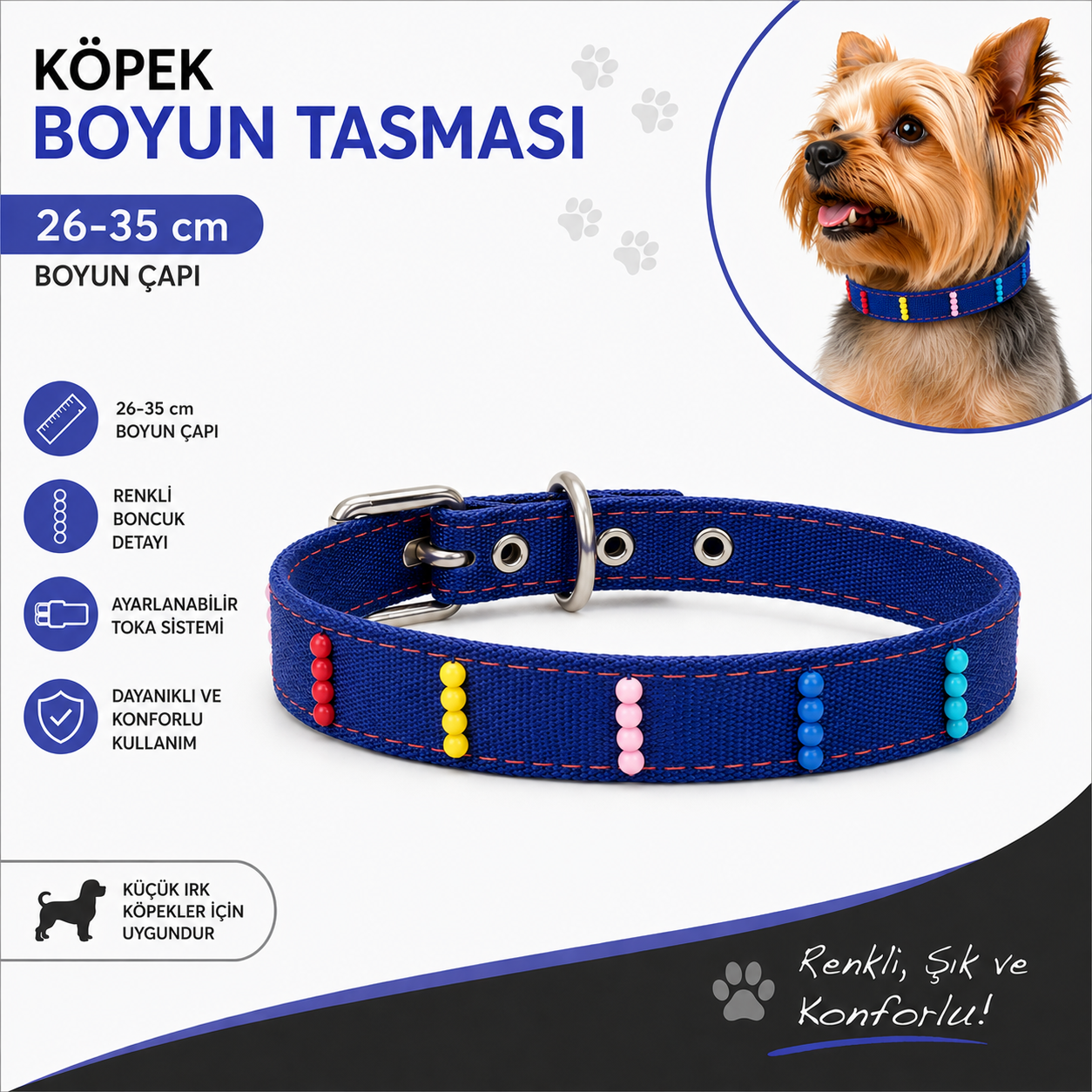 Boncuklu Köpek Boyun Tasması 26-35 cm Küçük Irk Ayarlanabilir Metal Tokalı D Halkalı - Lacivert