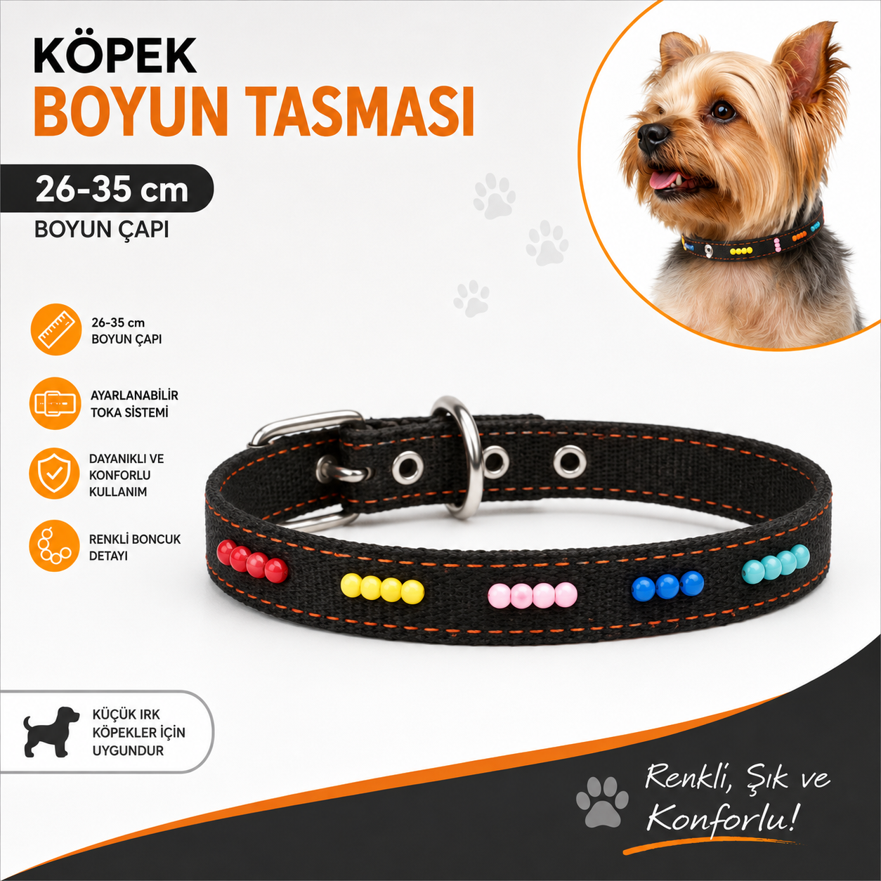 Boncuklu Köpek Boyun Tasması 26-35 cm Küçük Irk Ayarlanabilir Metal Tokalı D Halkalı - Siyah