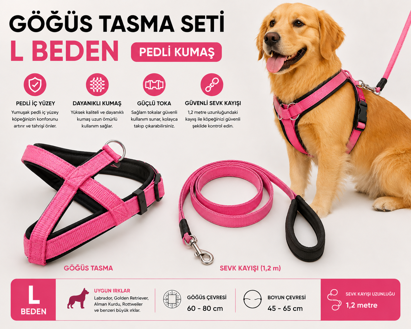 Köpek Göğüs Tasması ve Sevk Kayışı Seti L Beden İçi Pedli Büyük Irk 1,2 Metre Kayış - Pembe