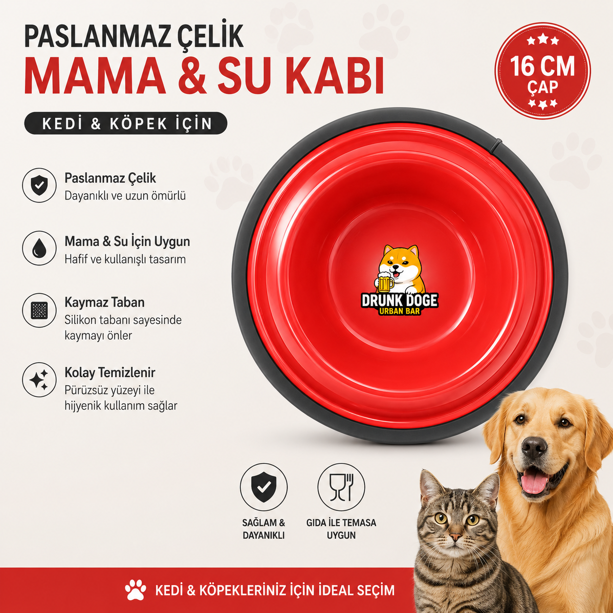 Paslanmaz Çelik Kedi Köpek Mama ve Su Kabı 16 cm Kaymaz Tabanlı - Kırmızı
