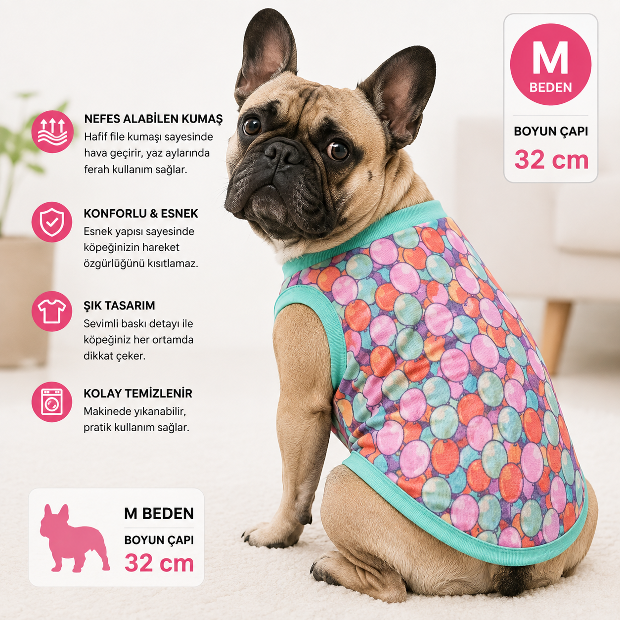 Köpek Tişörtü M Beden Boyun Çapı 32 cm Balon Desenli Kolsuz Atlet - Çok Renkli