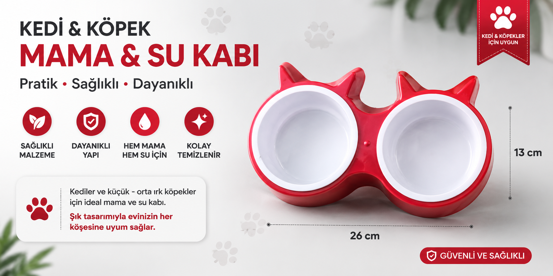 Kedi Kulaklı İkili Mama ve Su Kabı 26x13 cm Çift Bölmeli - Kırmızı