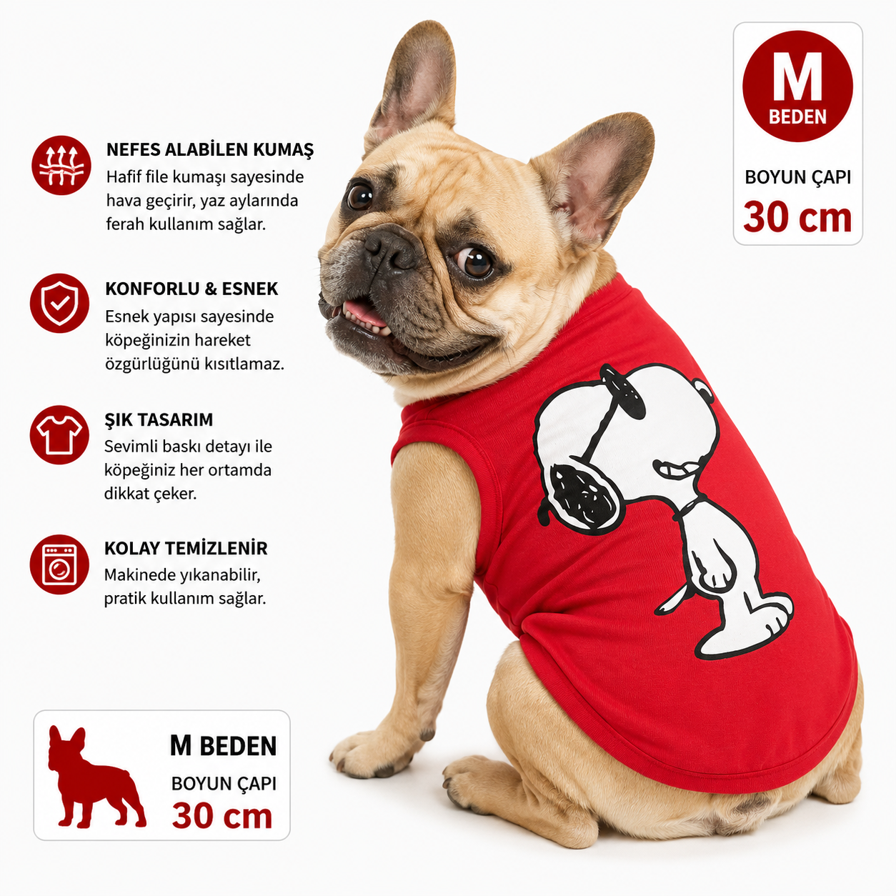 Köpek Tişörtü M Beden Boyun Çapı 30 cm Sevimli Köpek Figürlü Kolsuz Atlet - Kırmızı