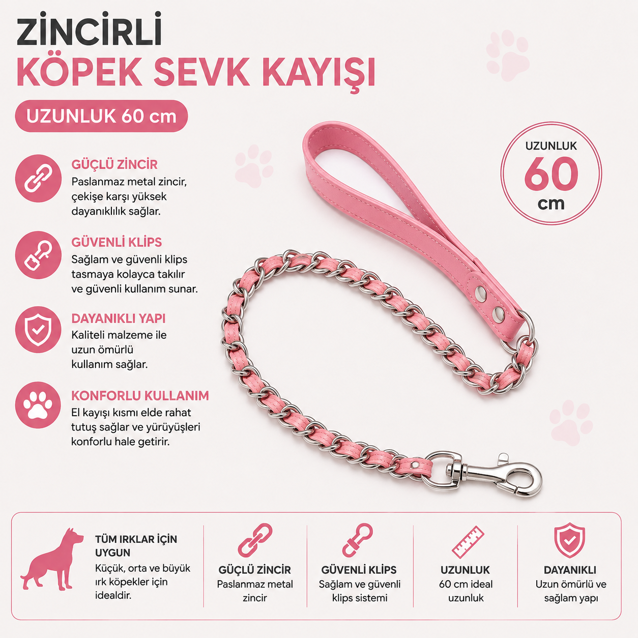 Köpek Sevk Kayışı Zincirli 60 cm Deri Örgülü Kısa Metal Klipsli Perçinli Sap - Pembe