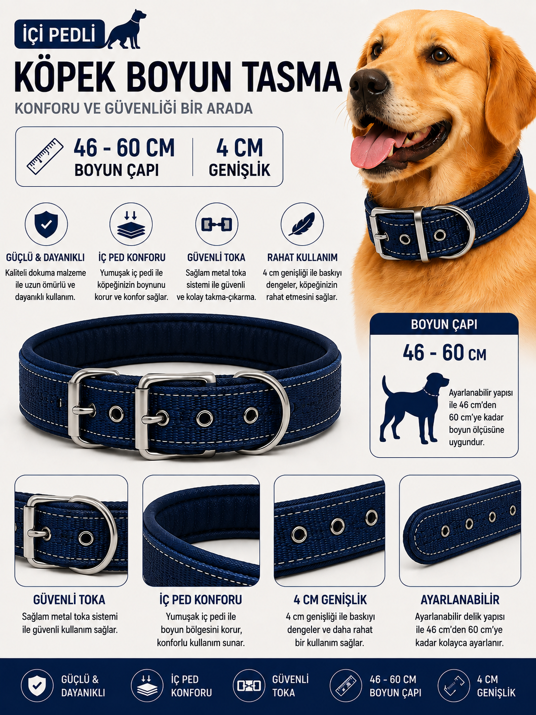 Köpek Boyun Tasması İçi Pedli 46-60 cm 4 cm Geniş Ayarlanabilir Metal Tokalı - Lacivert
