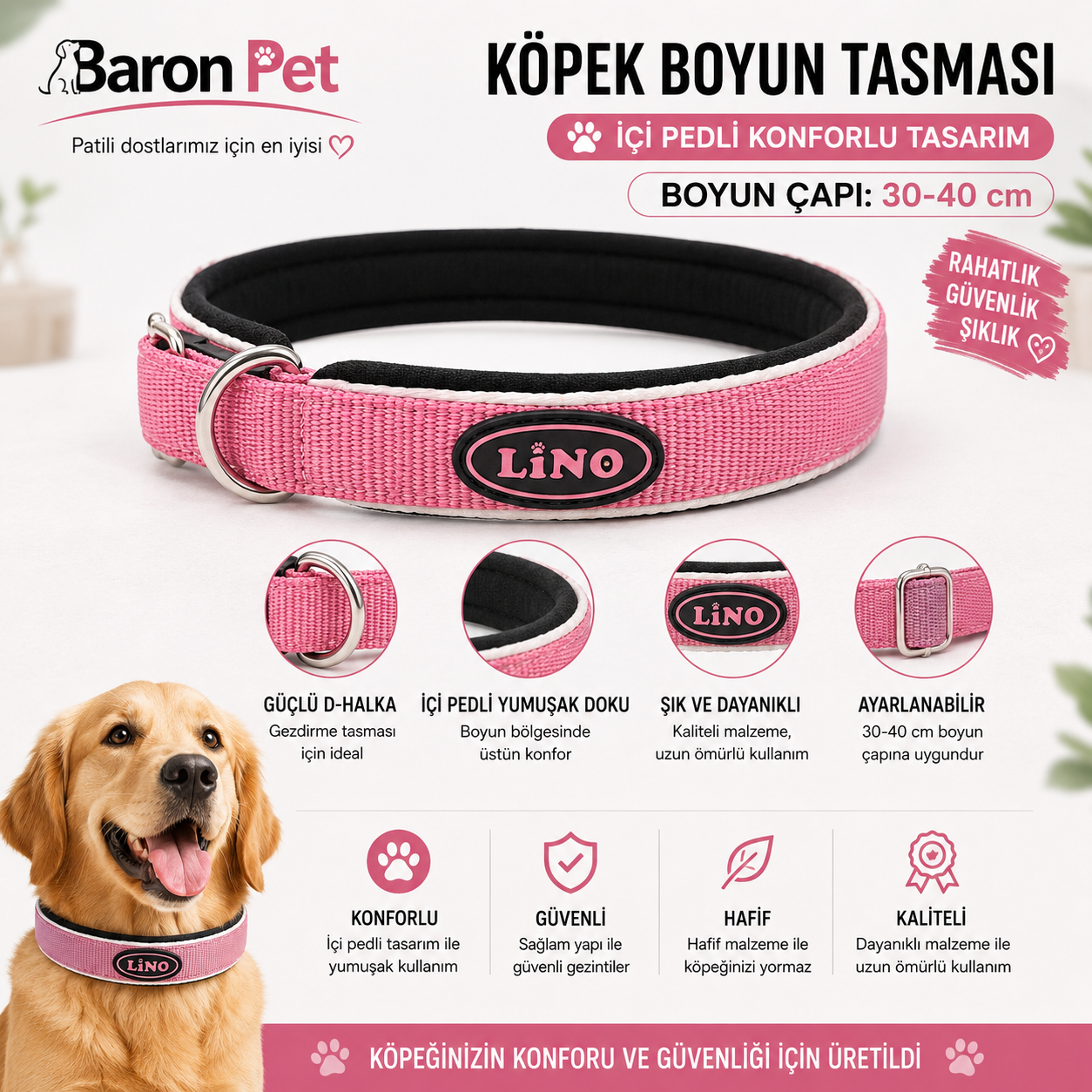 Pedli Köpek Boyun Tasması 30-40 cm Beyaz Şeritli Ayarlanabilir - Pembe
