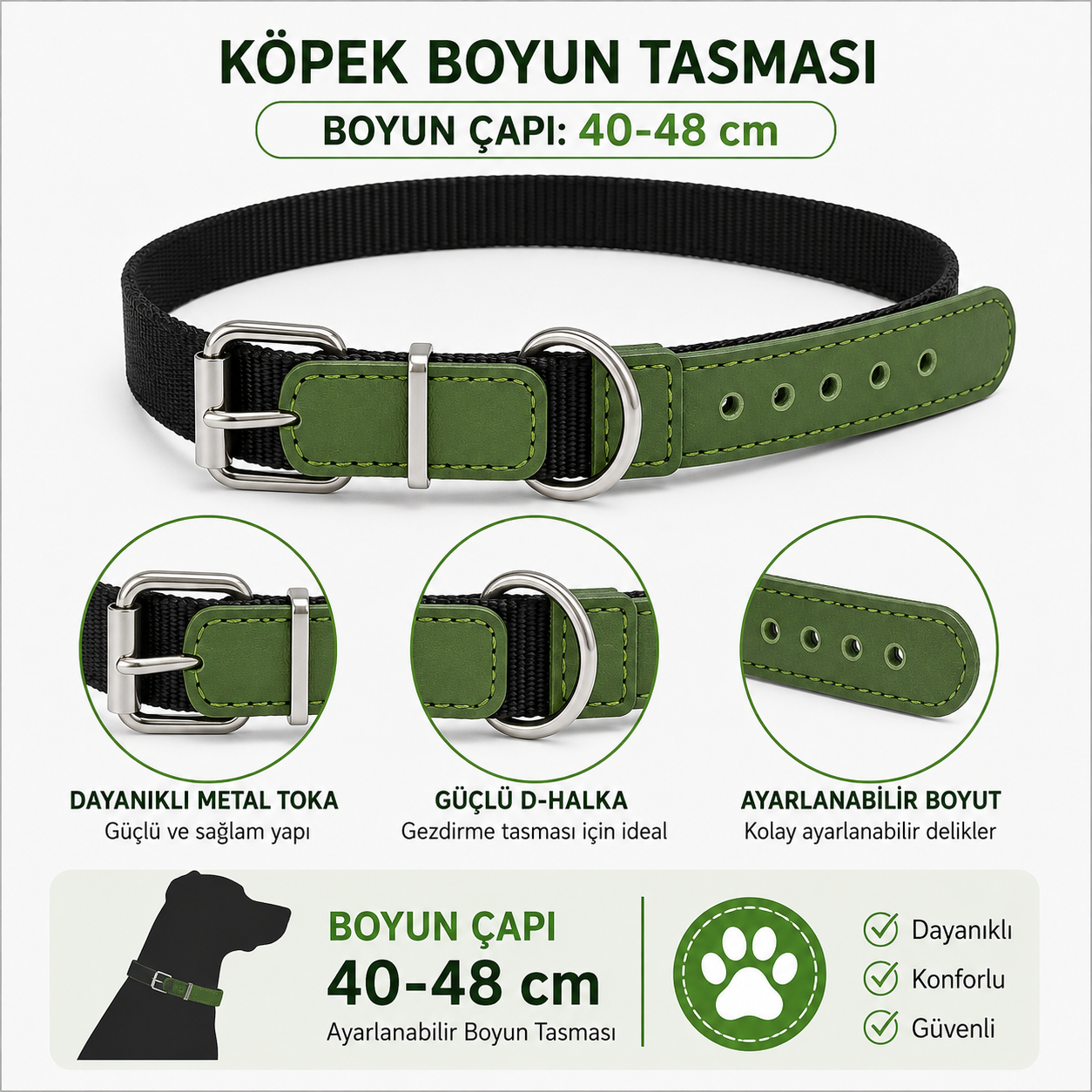 Köpek Boyun Tasması 40-48 cm Dokuma Naylon Haki Deri Detaylı Metal Tokalı - Siyah