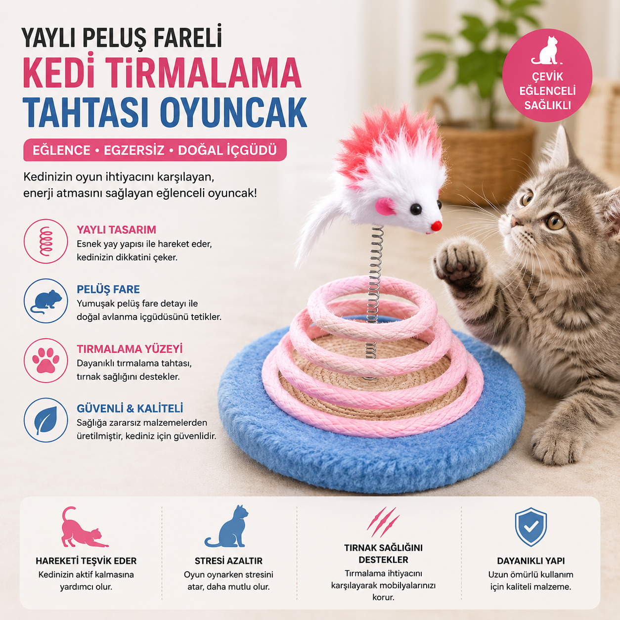 Yaylı Peluş Fareli Kedi Tırmalama Tahtası Oyuncak - Mavi