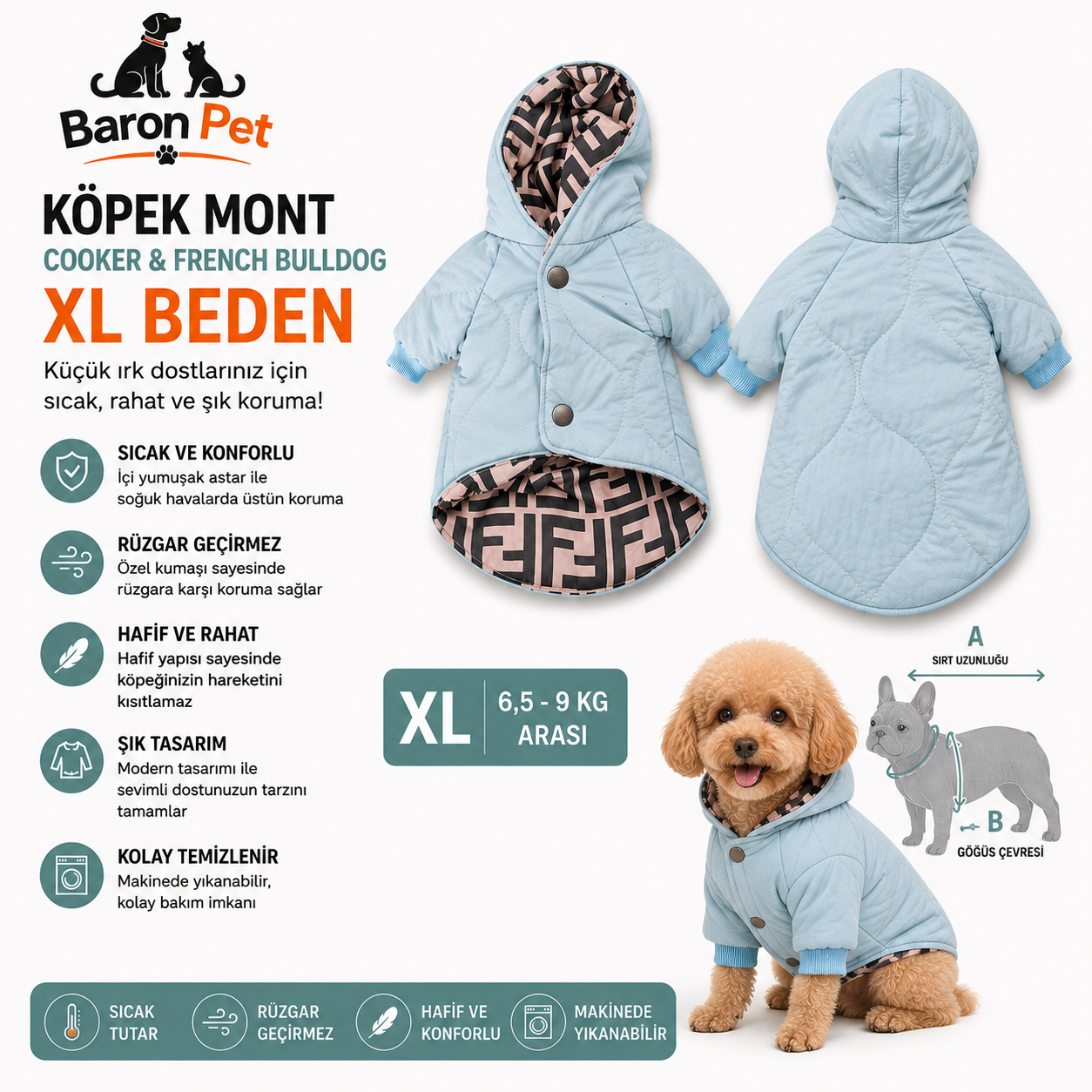 Köpek Montu XL Beden 6,5-9 kg Kapüşonlu Kapitone Rüzgar Geçirmez - Bebek Mavisi