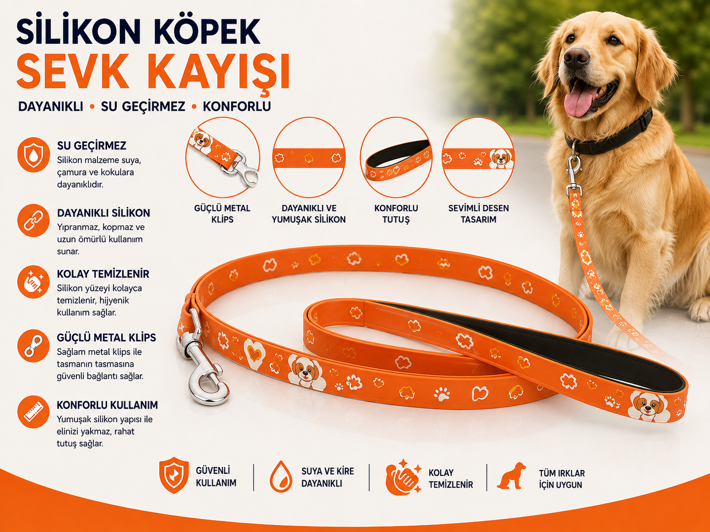 Silikon Köpek Sevk Kayışı 1,2 Metre Su Geçirmez Desenli Metal Klipsli - Turuncu
