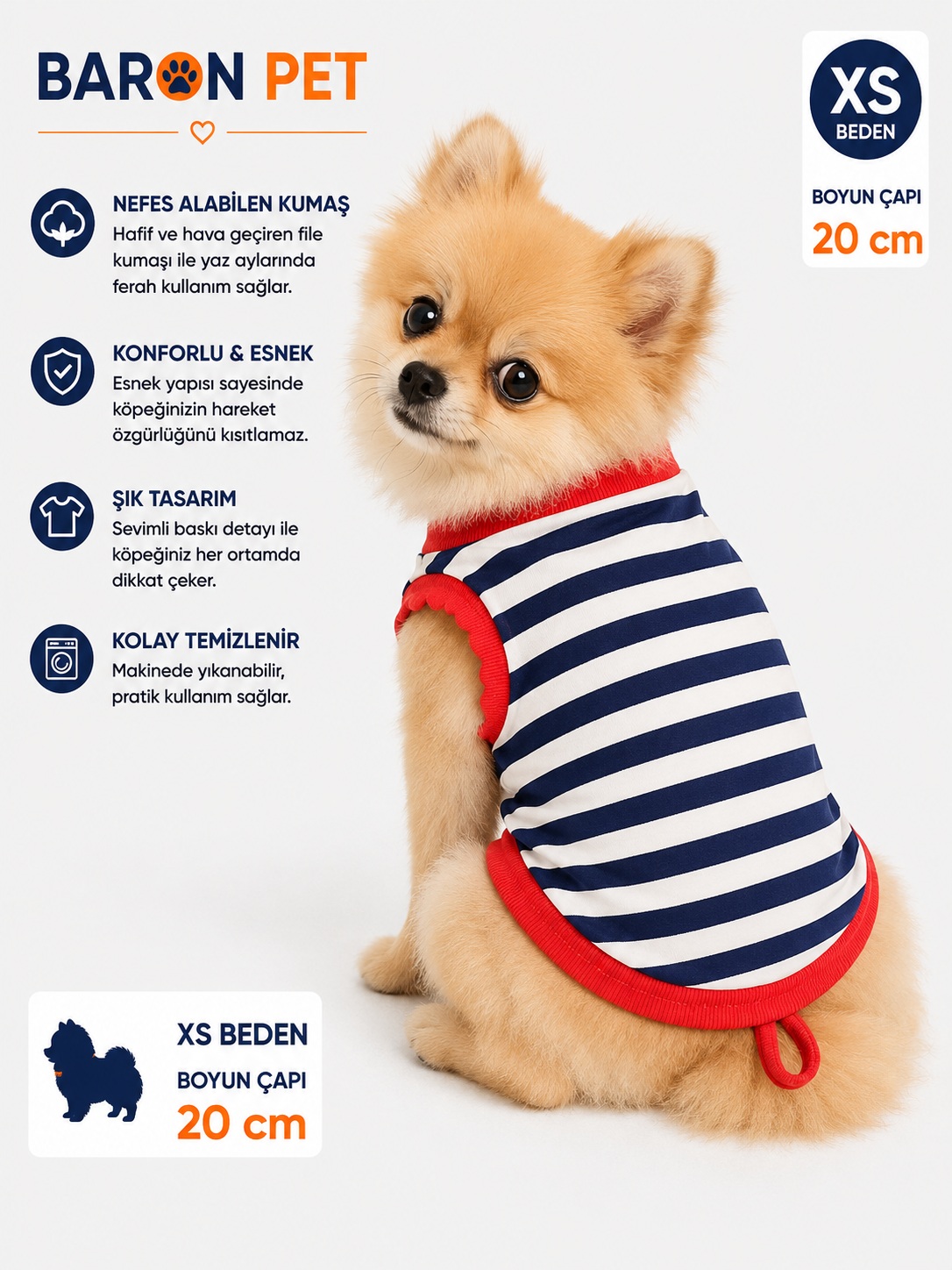 Köpek Tişörtü XS Beden Boyun Çapı 20 cm Çizgili Marin Kolsuz Atlet - Lacivert Beyaz