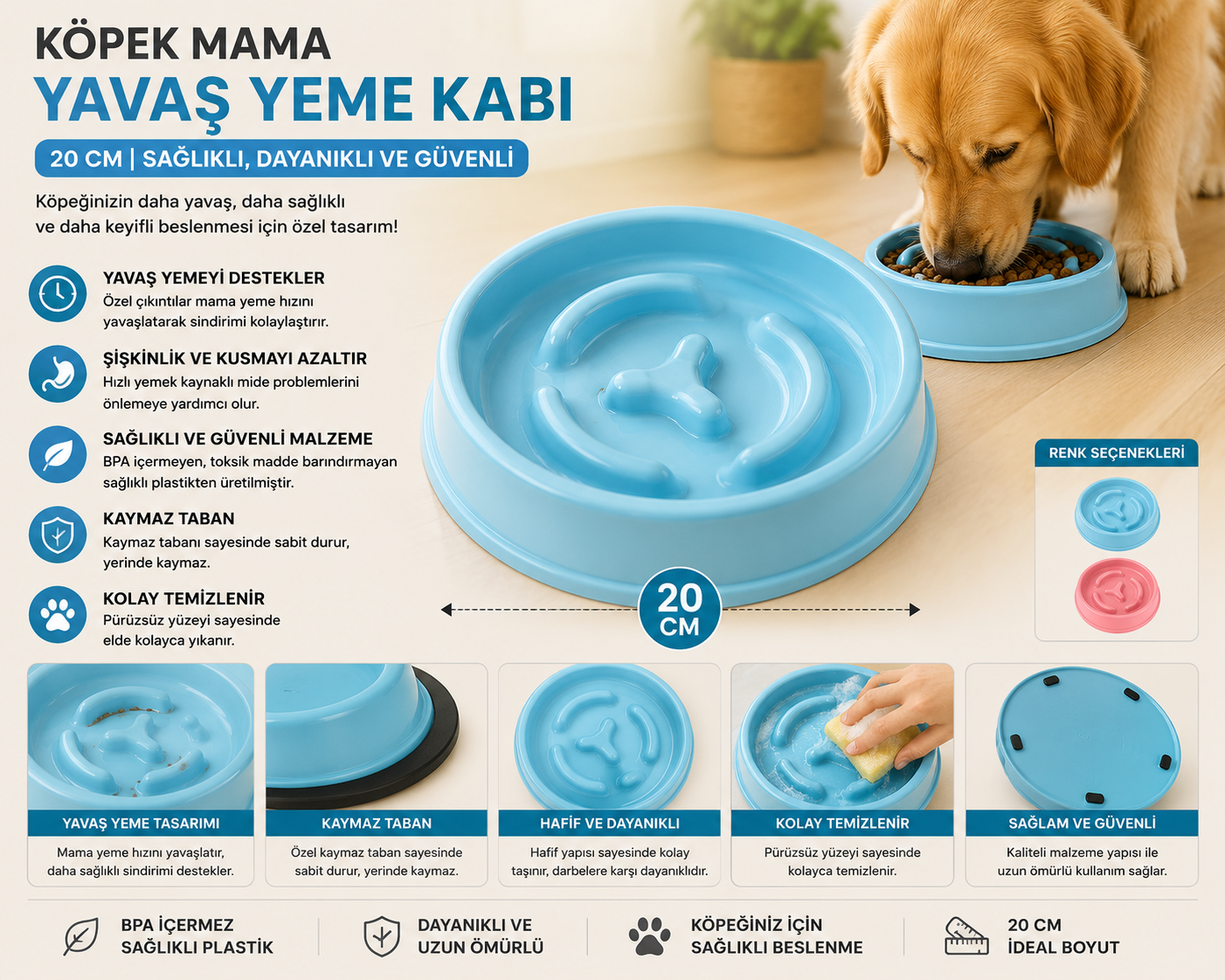 Köpek Yavaş Yeme Mama Kabı 20 cm Kaymaz Tabanlı Anti Şişkinlik - Mavi
