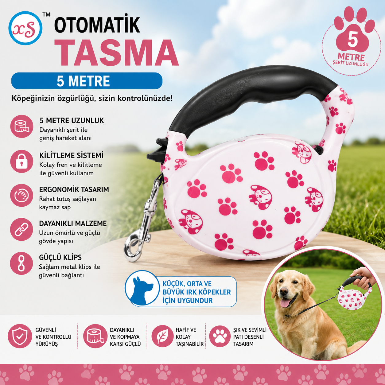 XS Otomatik Köpek Gezdirme Tasması 5 Metre Kilitli Pati Desenli - Pembe Beyaz