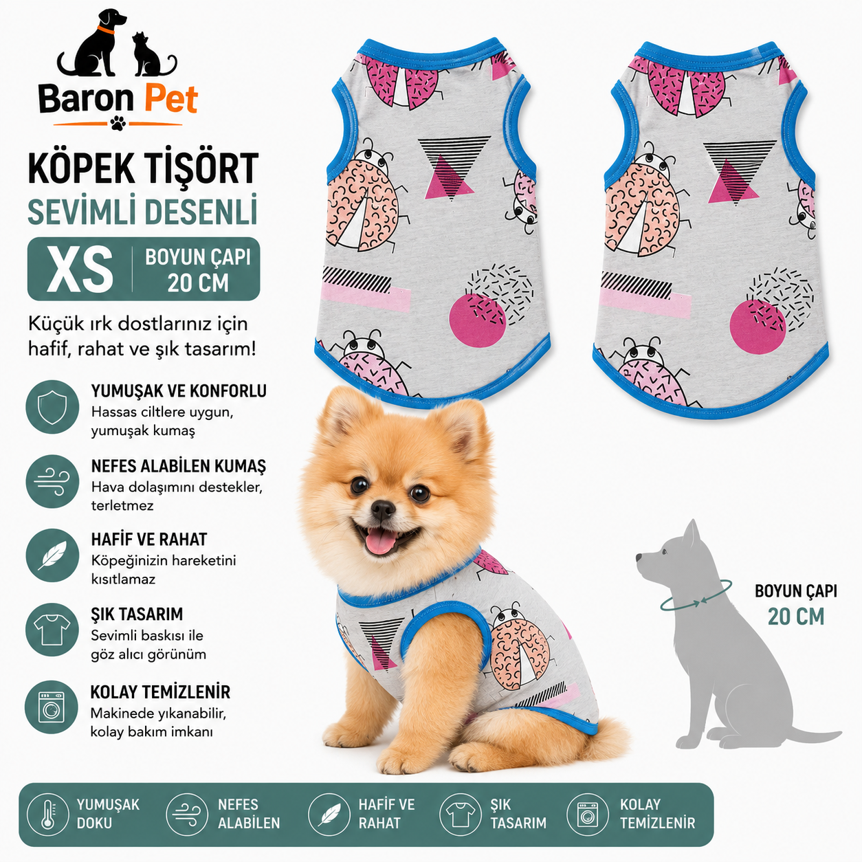 Köpek Tişörtü XS Beden Boyun Çapı 20 cm Uğur Böceği Desenli - Gri