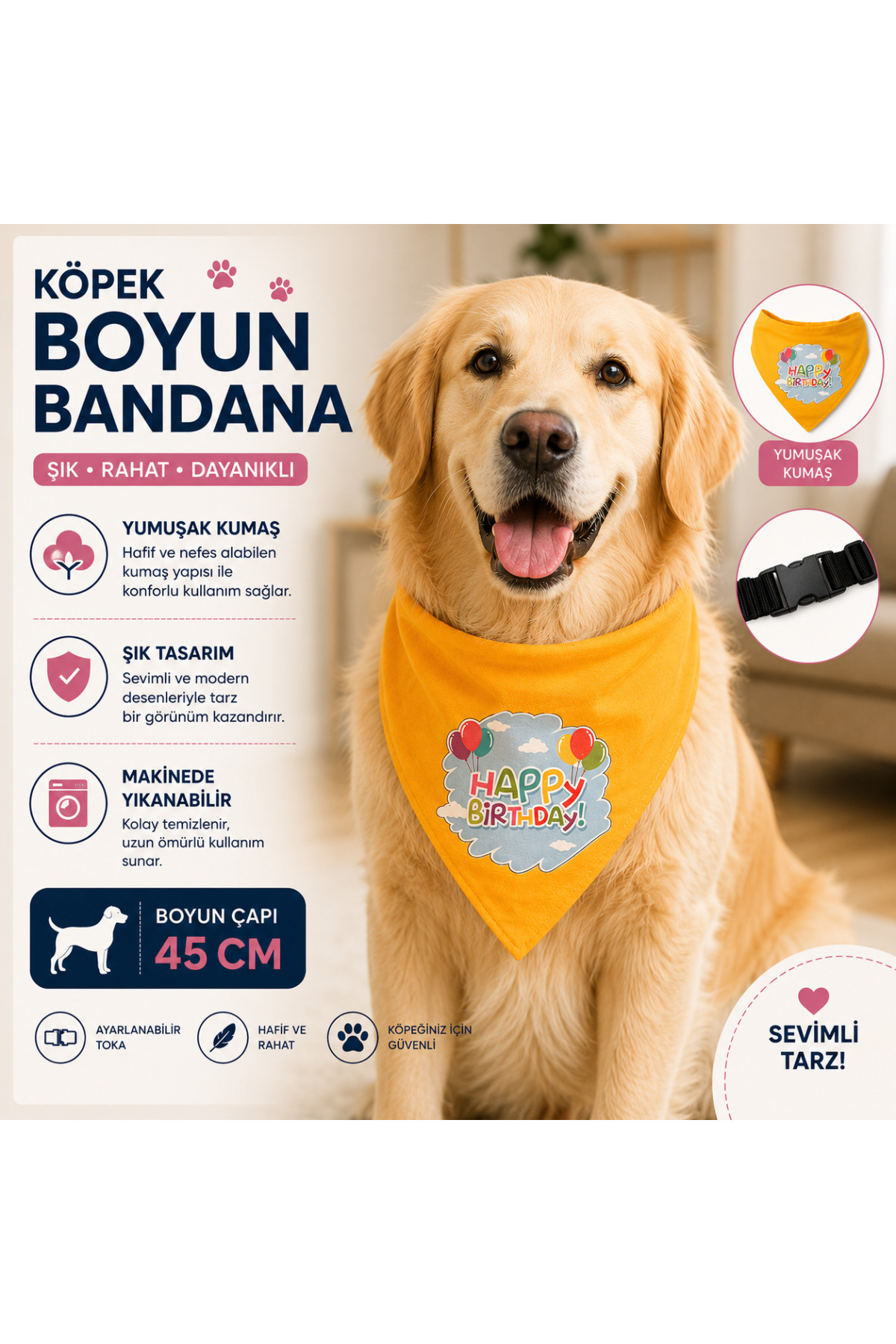 Köpek Boyun Bandanası Sarı Happy Birthday Desenli 45 cm Doğum Günü Tokalı